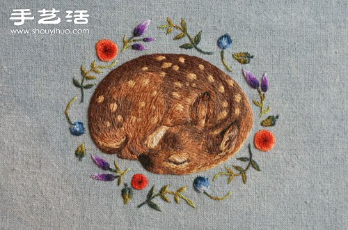 手工刺繡安睡沉睡的梅花鹿圖案圖解教程 -  www.rpnrmr.com